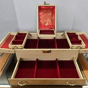 Vintage MOC Red Velvet Lined Jewelry Chest Box sectional